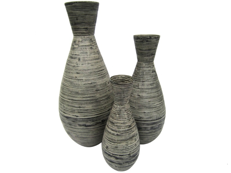 Top-tier Spun Bamboo Vase Set with Black Washed Ribbed Texture